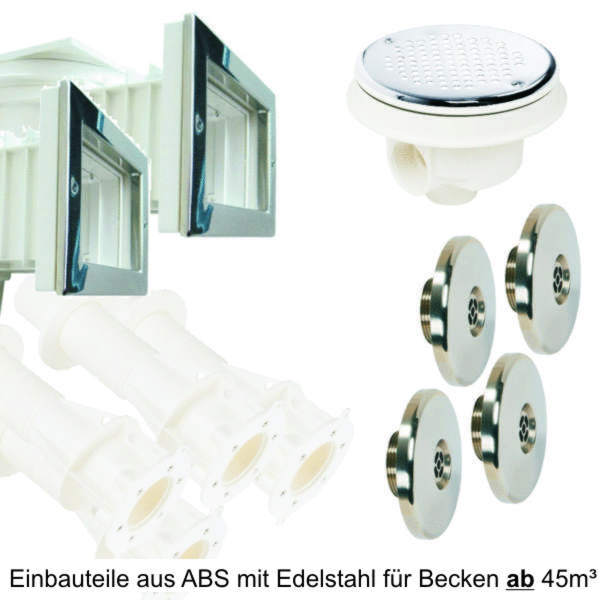 Einbauteile aus ABS mit Edelstahlblenden für Becken ab 45 m³ / 2 Skimmer